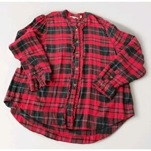 Soft Surroundings Women's Extra Large Blouse Red Black Plaid Frilled Peasant Top